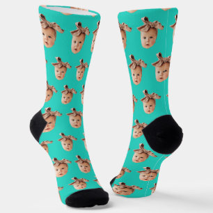 Turquoise Funny Custom Daughter Face Photo Crew Socks