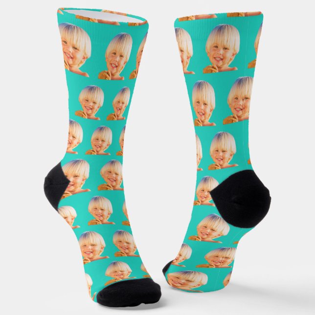 Turquoise Funny Custom Son Face Photo Crew Socks (Angled)