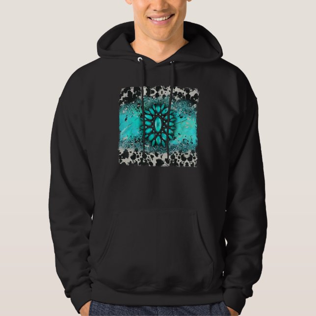 Turquoise Gemstone Cowhide Leopard Western Souther Hoodie (Front)