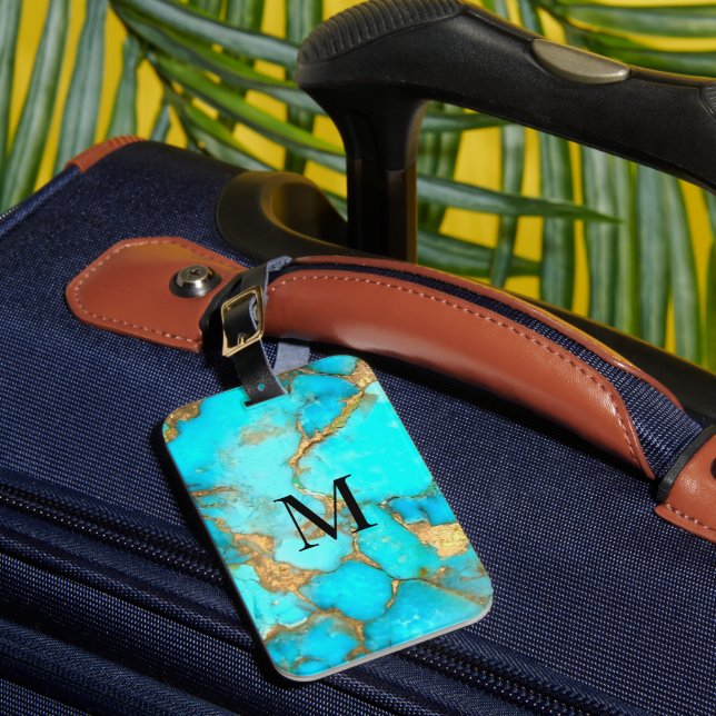 turquoise gemstone monogram luggage tag (Front Insitu 1)