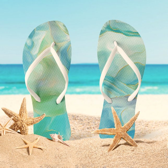 Turquoise Gemstone Watercolor Tropical Summer Flip Flops (Creator Uploaded)