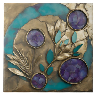 Turquoise Geometric Floral with Gold & Purple Tile
