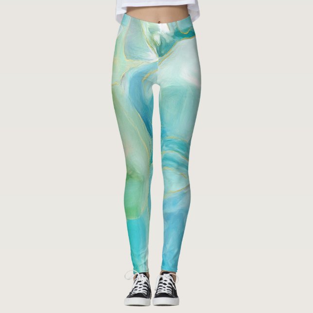 Turquoise Geometric Gemstone Watercolor Leggings (Front)