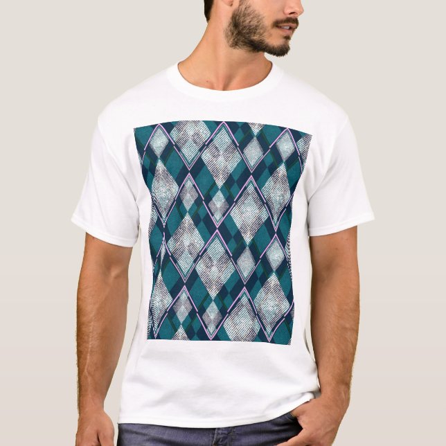 Turquoise Geometric Rhombic Seamless Pattern T-Shirt (Front)