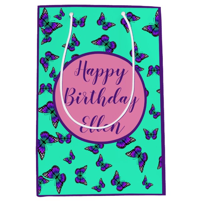 Turquoise Gift Bag With Purple Butterflies (Front)