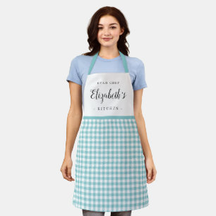 Turquoise gingham check adult personalised cooking apron