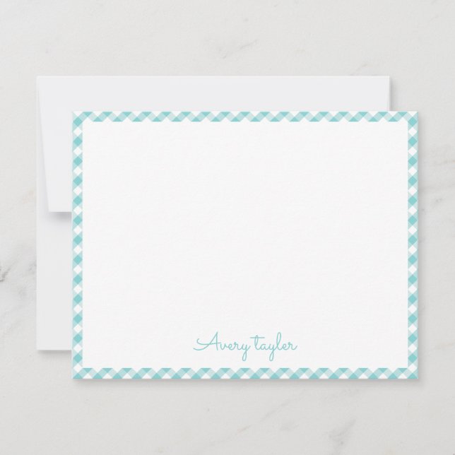 Turquoise gingham pattern personalised Stationery Card (Front)