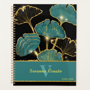 Turquoise Ginkgo Biloba and Gold Personalised Planner
