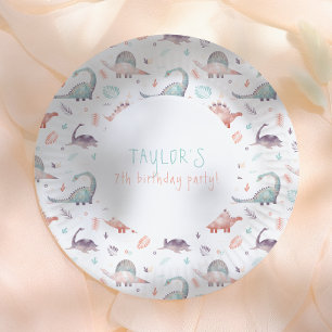 Turquoise Girl Dinosaur Birthday Party Paper Plate