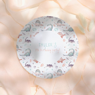 Turquoise Girl Dinosaur Birthday Party Paper Plate