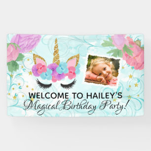 Turquoise Girls Photo Unicorn Birthday Party Banner