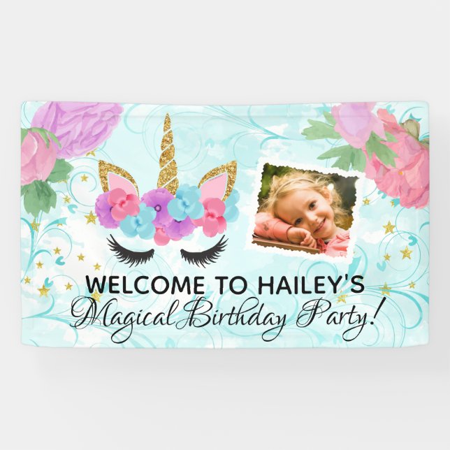 Turquoise Girls Photo Unicorn Birthday Party Banner (Horizontal)