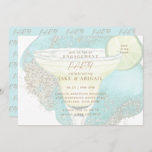 Turquoise Glam Margarita Engagement Party  Invitation (Front/Back)