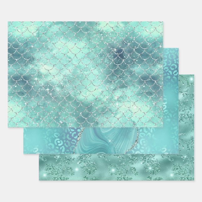 Turquoise Glam Sparkle Glitter Elegant Patterns Wrapping Paper Sheet (Set)