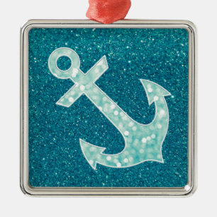 Turquoise glitter and Aqua Bokeh Anchor Metal Tree Decoration