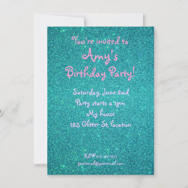 Turquoise glitter birthday invitation (Front)