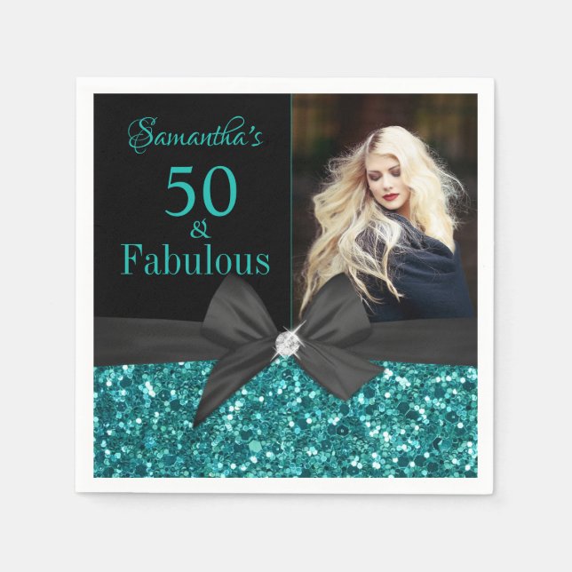 Turquoise Glitter Black Bow 50th Birthday Photo Napkin (Front)
