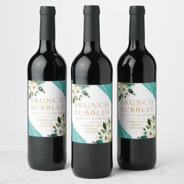 Turquoise Glitter Bridal Shower Brunch & Bubbles Wine Label (Bottles)
