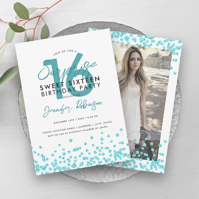 Turquoise Glitter Confetti Surprise Sweet 16  Invitation (Turquoise Glitter Confetti Surprise Sweet 16 Invitation)