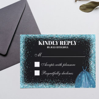 Turquoise Glitter Foil Balloon Ballgown Custom RSVP Card