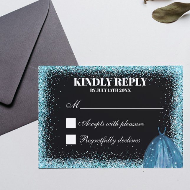 Turquoise Glitter Foil Balloon Ballgown Custom RSVP Card (Creator Uploaded)