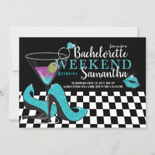 Turquoise Glitter Glam Bachelorette Weekend Invitation