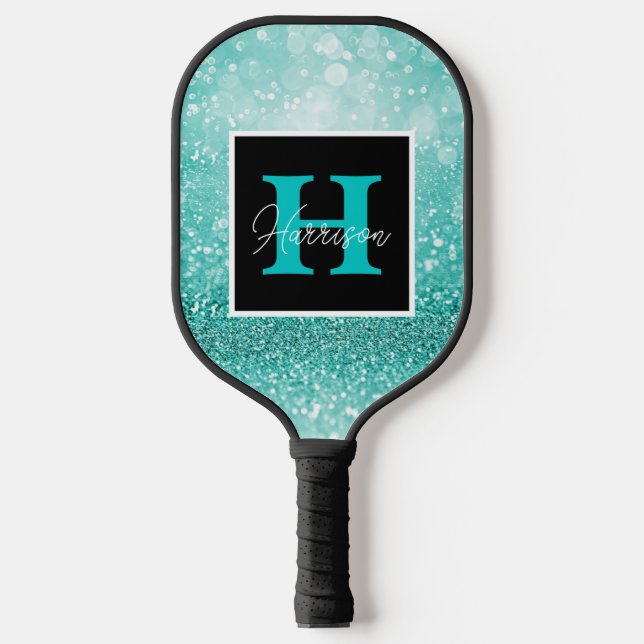 Turquoise Glitter Glam Monogram Name Customizable  Pickleball Paddle (Front)