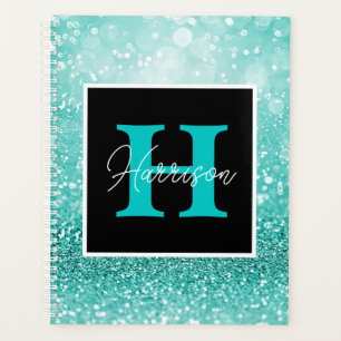 Turquoise Glitter Glam Monogram Name Personalised  Planner