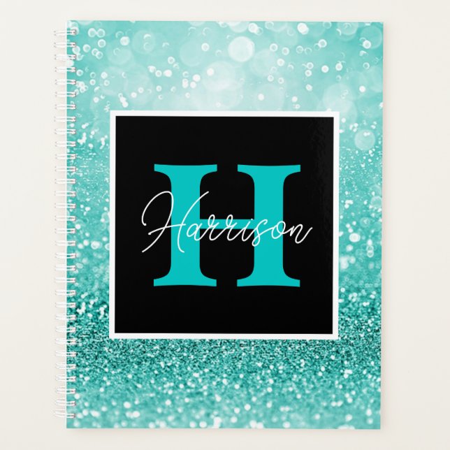 Turquoise Glitter Glam Monogram Name Personalised  Planner (Front)