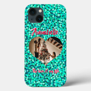 Turquoise Glitter Heart Shape Photo iPhone 13 Case