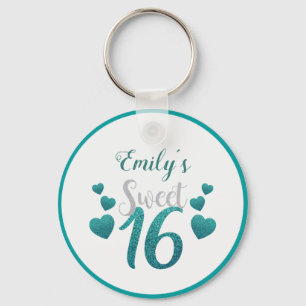 Turquoise Glitter Hearts And Numbers Key Ring