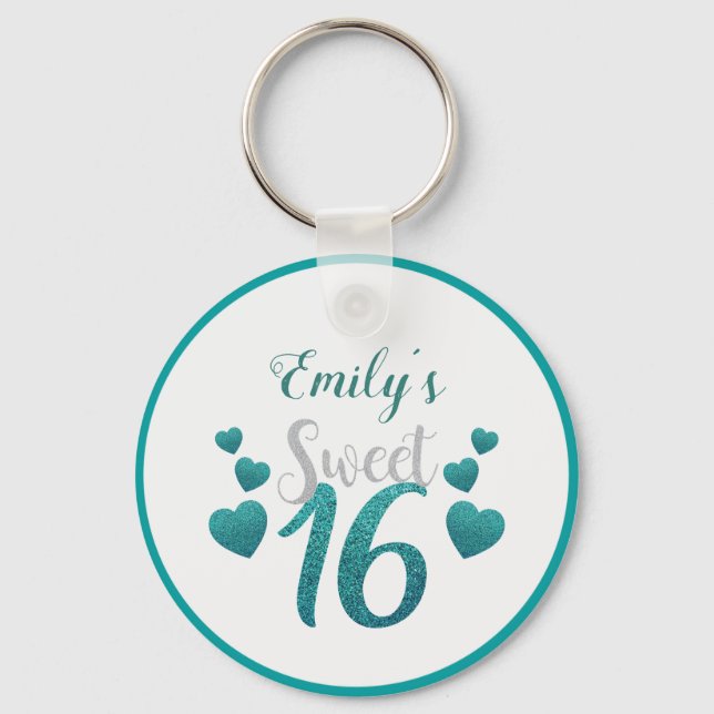 Turquoise Glitter Hearts And Numbers Key Ring (Front)