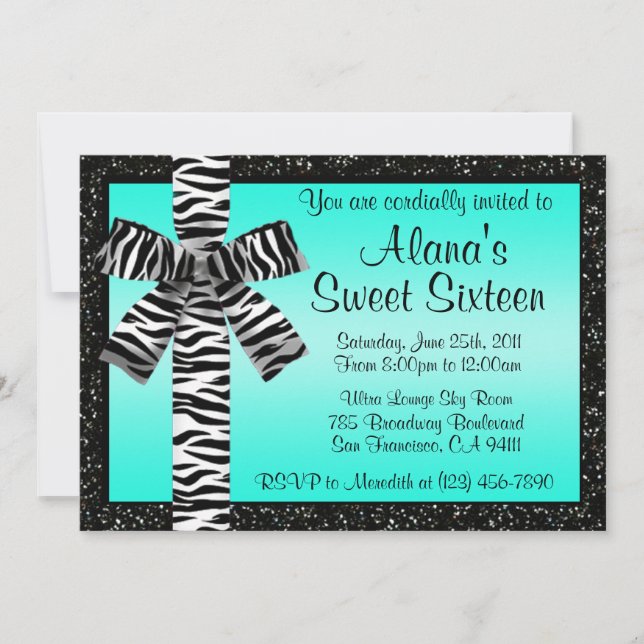 Turquoise Glitter Invite With Zebra Print Bow (Front)