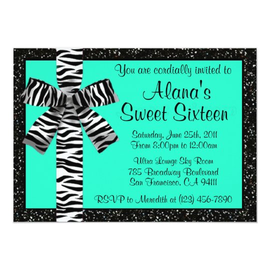 Turquoise Glitter Invite With Zebra Print Bow