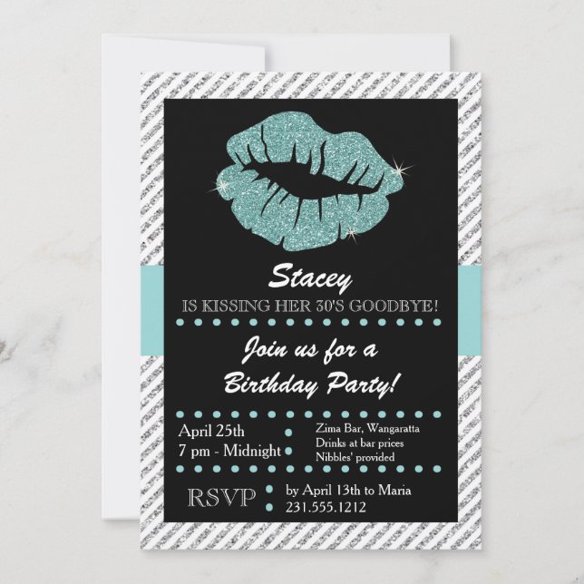 Turquoise Glitter Lips Kissing Adult Birthday Invitation (Front)