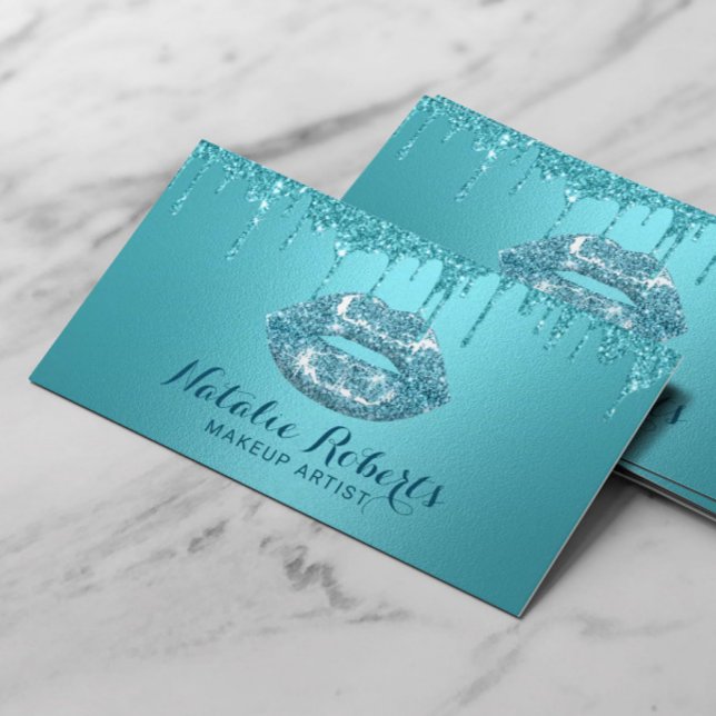 Turquoise Glitter Lips Makeup Artist Beauty Salon Business Card (Creator Uploaded)