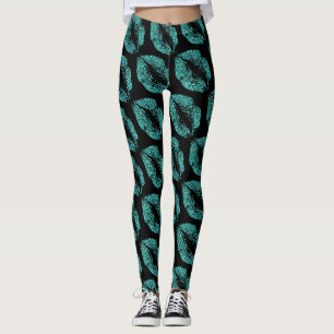 Turquoise Glitter Lips Modern Black Leggings