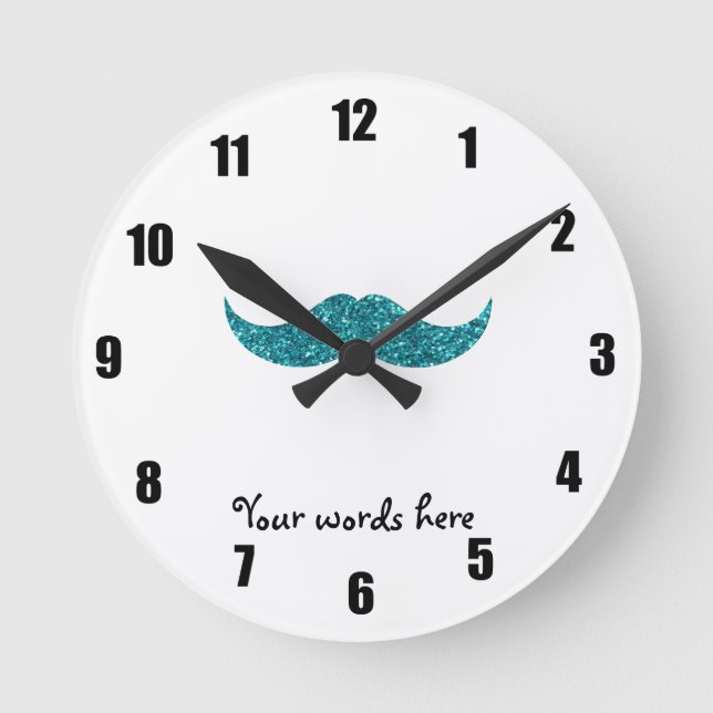 Turquoise glitter moustache round clock (Front)