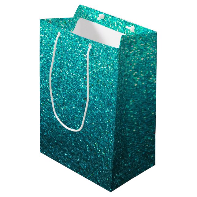 Turquoise Glitter Ombre Sparkles Glam Bat Mitzvah Medium Gift Bag (Front Angled)