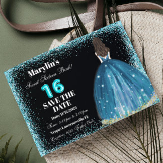 Turquoise Glitter Princess Extravaganza Ballgown Save The Date