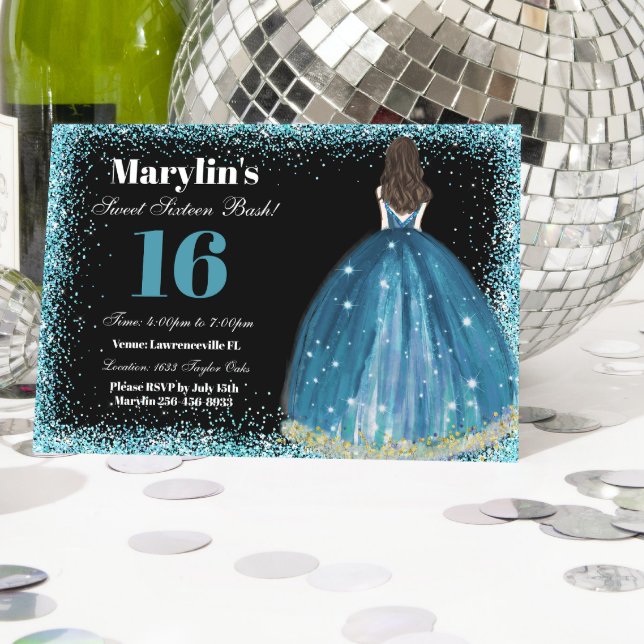 Turquoise Glitter Princess Sweet 16 Ballgown Invitation (Creator Uploaded)