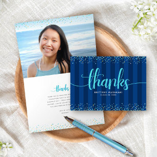 Turquoise glitter script grad photo navy stripes thank you card