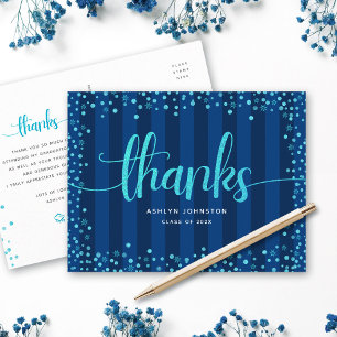 Turquoise glitter script graduation navy thank you postcard