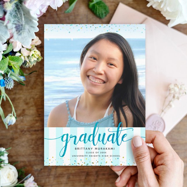Turquoise glitter script photo graduation modern announcement (Creator Uploaded)