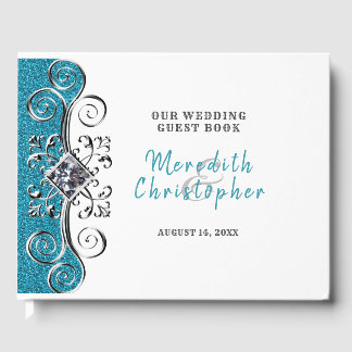 Turquoise Glitter Silver Bling Wedding Guest Book