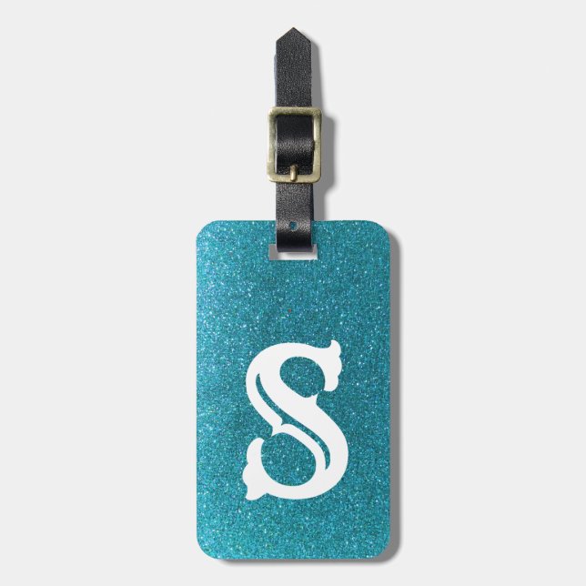 Turquoise Glitter Sparkles Travel Glam Monogram Luggage Tag (Front Vertical)