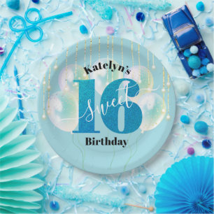 Turquoise Glitter Sweet 16 Birthday Balloon Script Paper Plate
