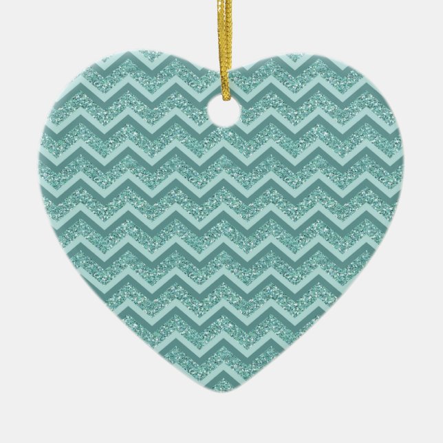 Turquoise Glitter ZigZag Pattern Ceramic Tree Decoration (Front)