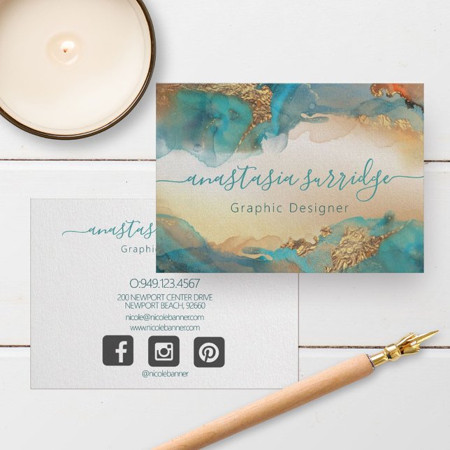 Turquoise Gold Abstract Watercolor Business Card (Creator Uploaded)