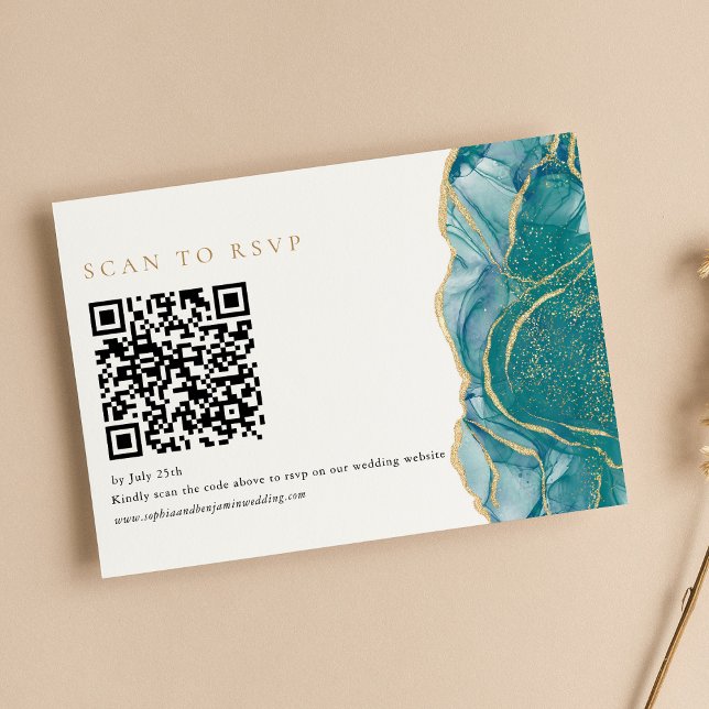 Turquoise Gold Agate Modern Wedding QR Code RSVP Card (Creator Uploaded)